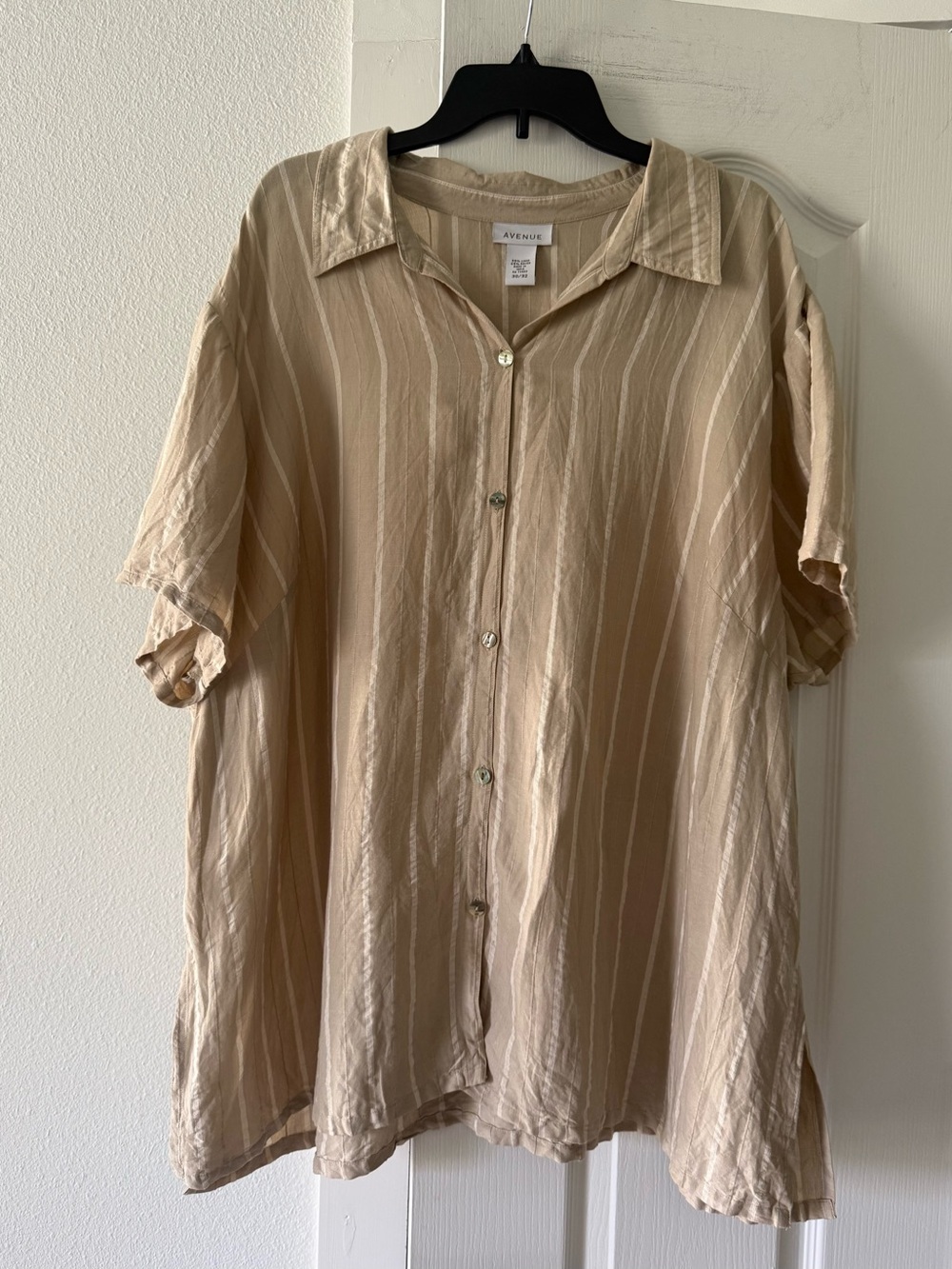 Avenue Plus Size 30/32 Linen Blend Striped Button Down Shirt Beige